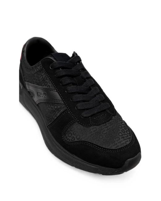 HUGO Black Monogram-Jacquard Sneakers With Faux-Suede Trim for men