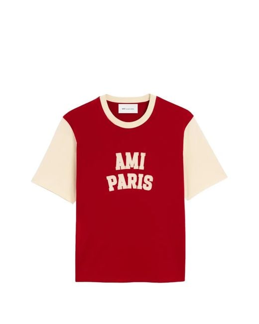 AMI Red Cotton T-Shirt With Embroidery