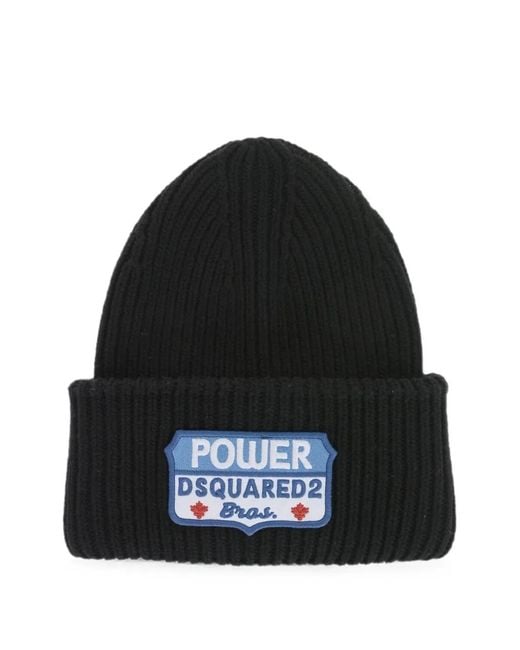 DSquared² Black Embroidered Logo-Patch Beanie Hat for men