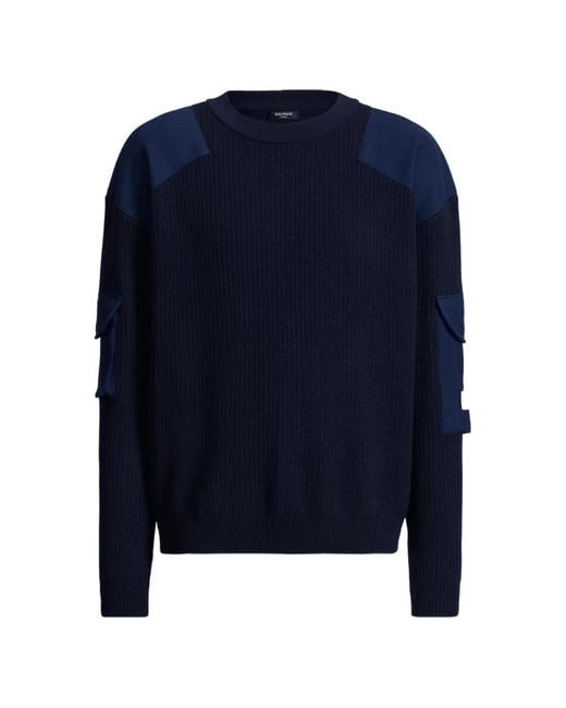 Balmain Blue Wool Vintage Utility Jumper for men