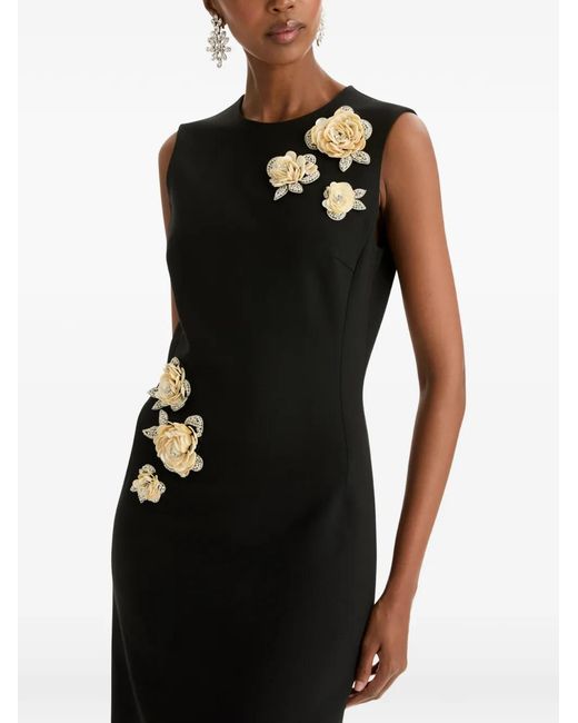 Oscar de la Renta Black Brooch Embroidered Cocktail Sleeveless Dress