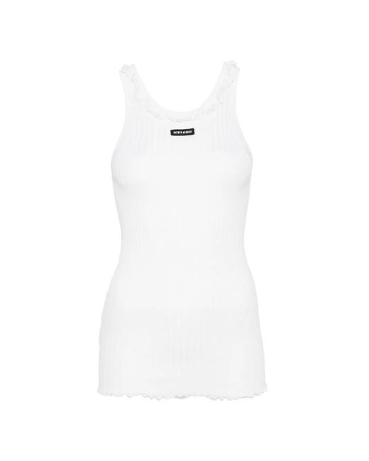 Miu Miu White Ruffle-Trim Ribbed-Knit Silk Tank Top