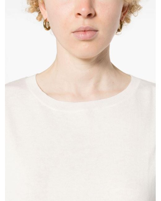 Allude White Round-neck Fine-knit Top