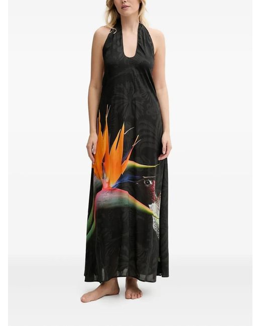 Desigual Black Flower-Print Halterneck Maxi Dress