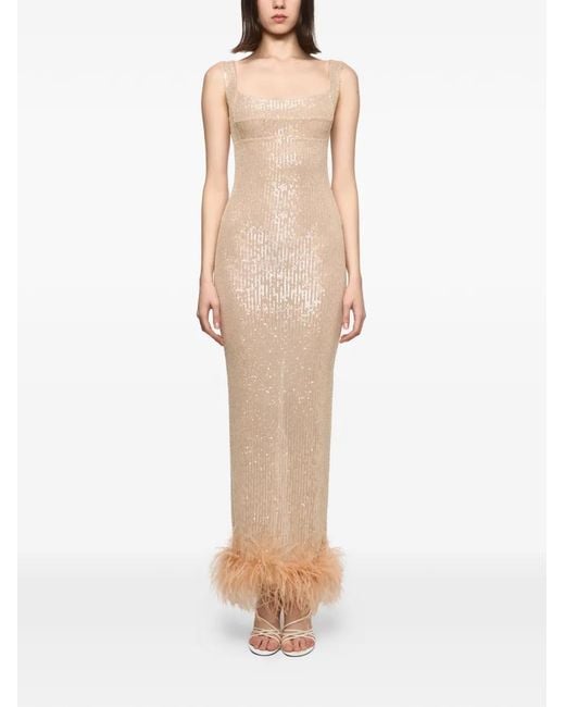 Atu Body Couture Natural Sequined Feather-Trimmed Maxi Dress