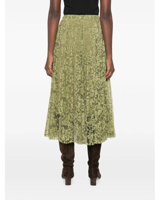 Ermanno Scervino Green Floral-Lace Pleated Midi Skirt