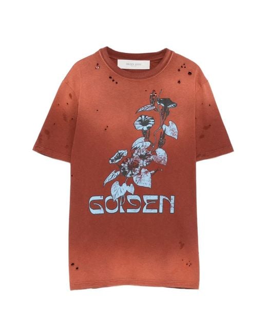 Golden Goose Deluxe Brand Red Journey W's T-Shirt Regular Dyed Gauze Jersey Vintage Treatment With Print