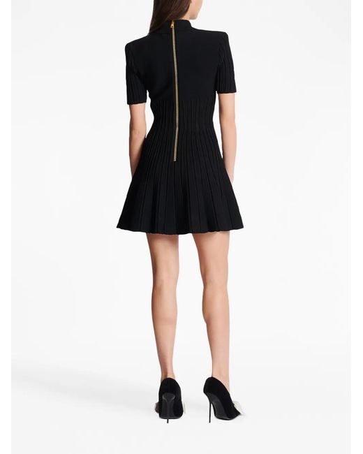 Balmain Black Flared Ribbed-knit Mini Dress