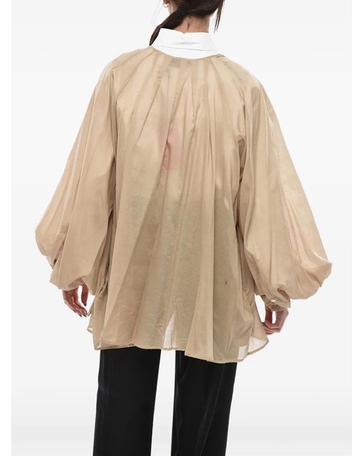 Thelatest Natural Balloon-Sleeves V-Neck Shirt