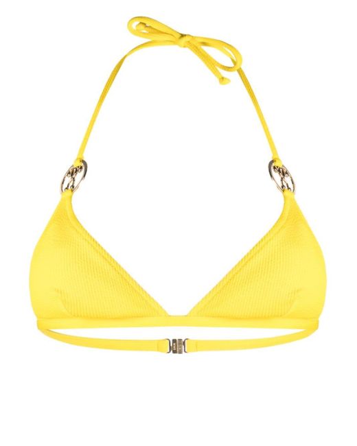 Moschino Yellow Strukturiertes Bikinioberteil mit Logo-Schild