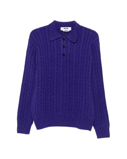 MSGM Purple Cable-Knit Polo-Collar Knit