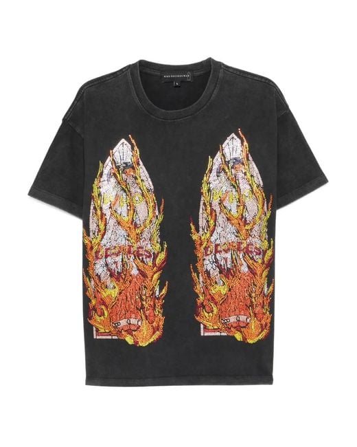 Who Decides War Black Rhinestone Flame T-Shirt for men