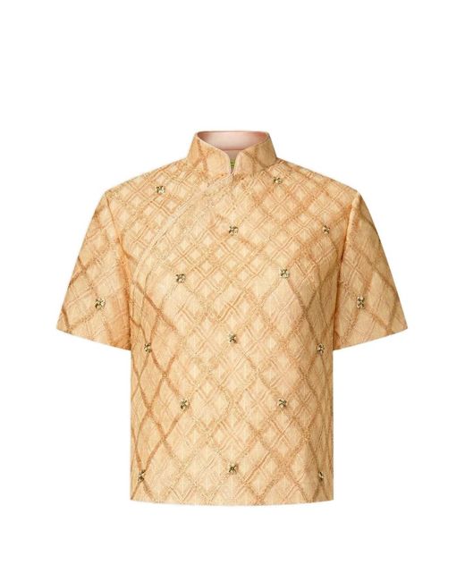Shanghai Tang Natural Qipao Latticework Embellished Top