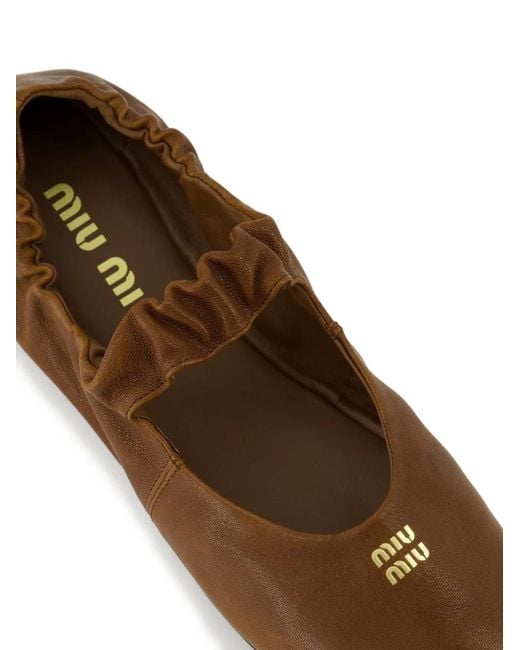 Miu Miu Brown Ruched Leather Ballet Flats