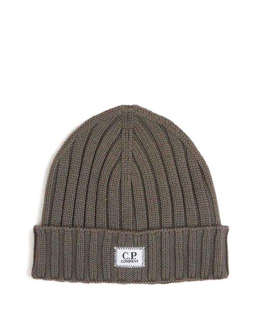 C P Company Brown Ribbed Beanie Hat for men