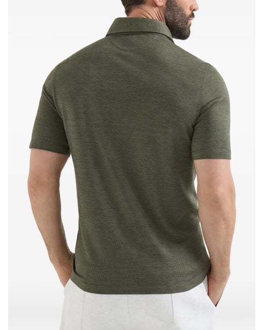 Brunello Cucinelli Green Virgin Wool, Silk And Cotton Piqué Polo Shirt With Spread Collar for men