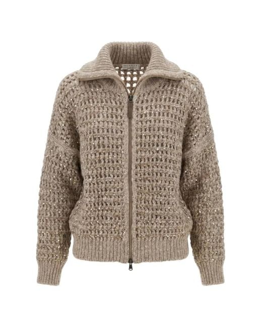Brunello Cucinelli Brown Sequin-Embellished Open-Knit Cardigan