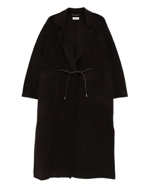 Soft Goat Black Drawstring Waist Lapel Coat
