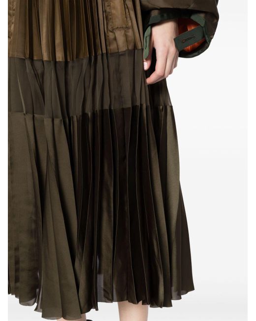 Sacai Green Pleated Satin Midi Skirt