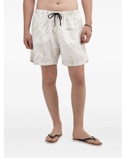 Roberto Cavalli White Ice Feathers Print Swim Trunks for men