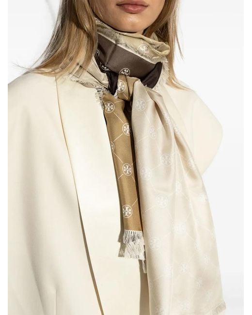 Sciarpa Con Logo E Dettagli Sfilacciati di Tory Burch in Natural
