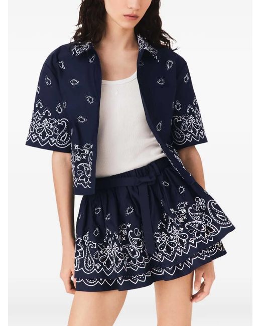 Maje Blue Short Embroidered Ruffled Skirt
