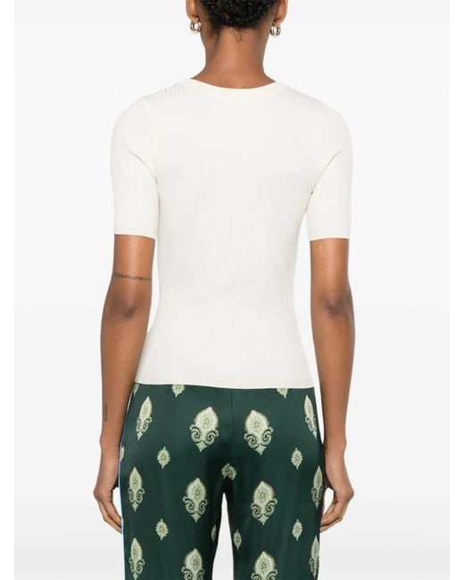 Sandro White Ribbed-Knit Button-Placket Top