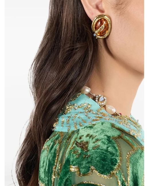 Roberto Cavalli Green Snake-Embellished Amber Earrings