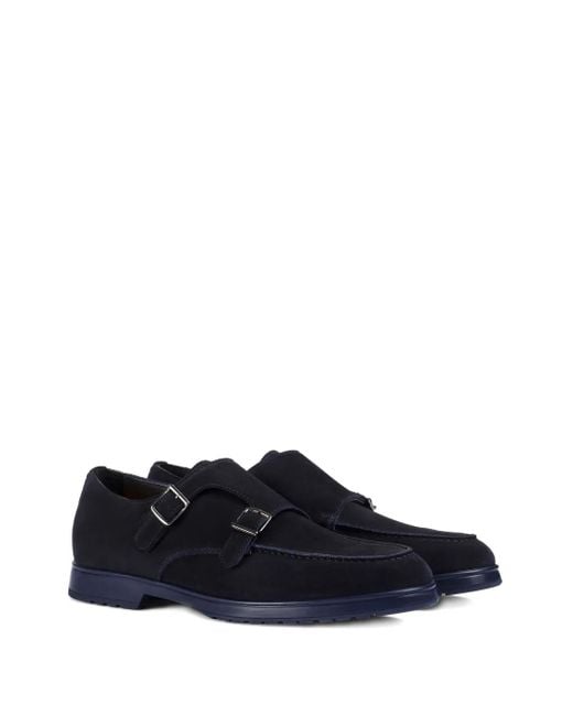 Doucal's Blue Suede Double-Buckle Monk Shoes for men