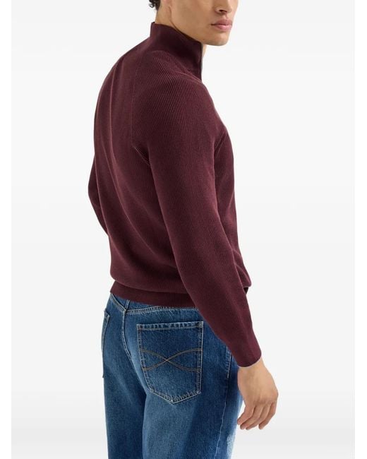 Brunello Cucinelli Purple Cotton English Rib Sweater With Half-Zip And Raglan Sleeves for men