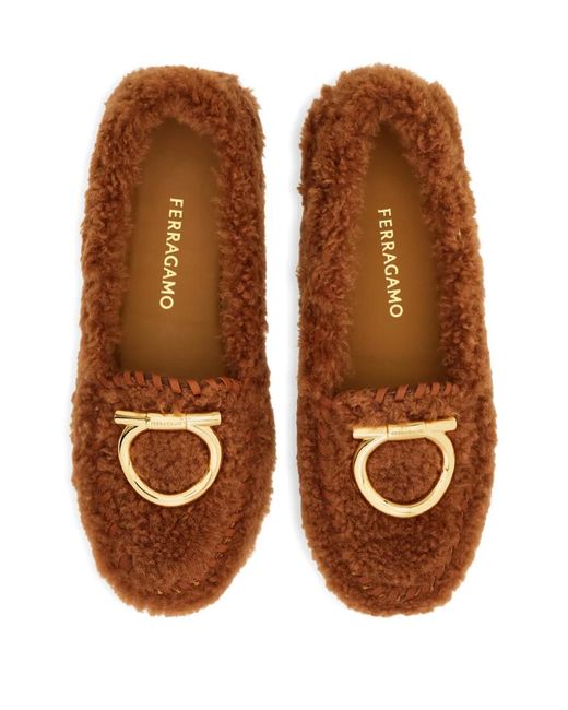 Ferragamo Brown Gancini Shearling Loafers