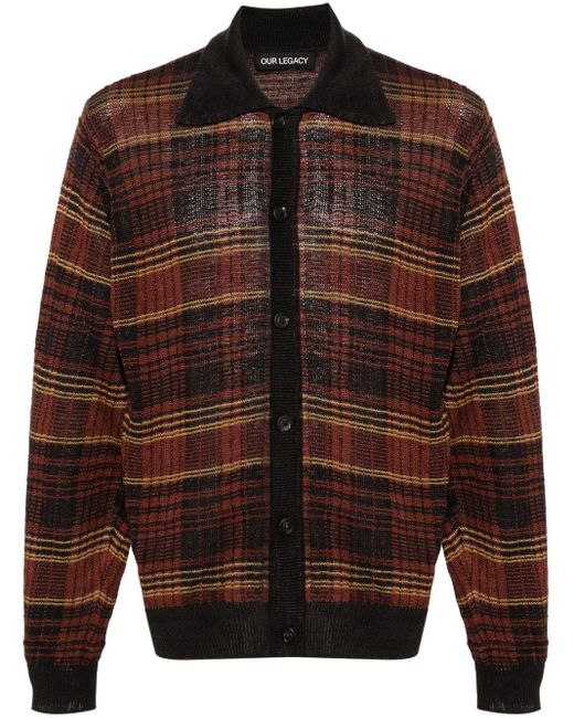 Our Legacy Brown Black Checked Intarsia-knit Hemp Cardigan for men