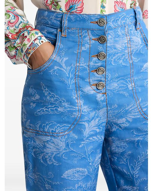 Etro Blue Flared Cotton And Linen Jacquard Denim Jeans With Floral Motif