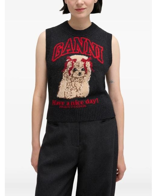 Ganni Wool Graphic Regular-Fit Sleeveless Ribbed Vest in Black | Lyst