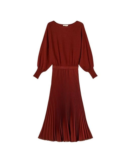 Twinset Red Long Knit And Pleated Crêpe Dress