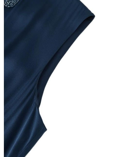 Shanghai Tang Blue Bead-Embellished Ruffled Qipao Dress