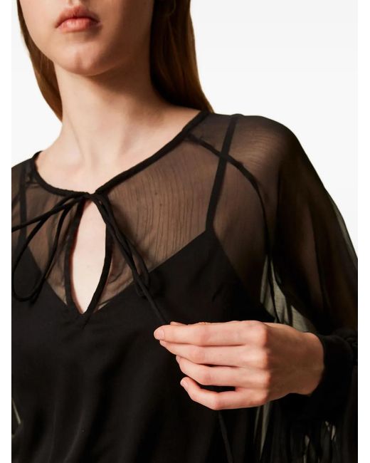 Twinset Black Tie-Neck Balloon-Sleeve Voile Blouse