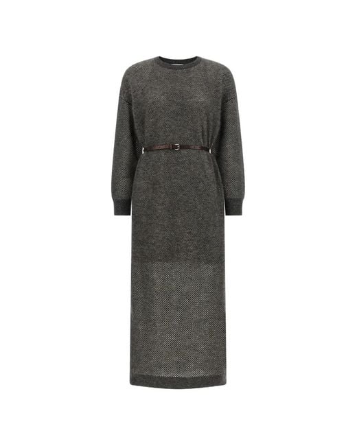 Brunello Cucinelli Gray Monile Belted Mesh-Knit Midi Dress