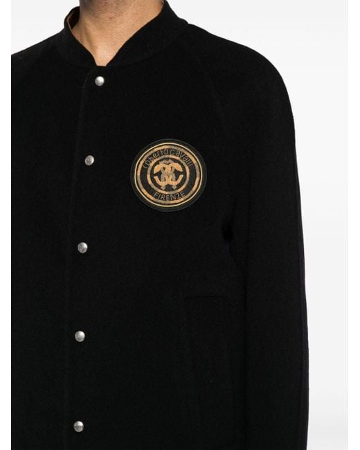 Roberto Cavalli Black Logo-embroidered Wool Bomber Jacket for men