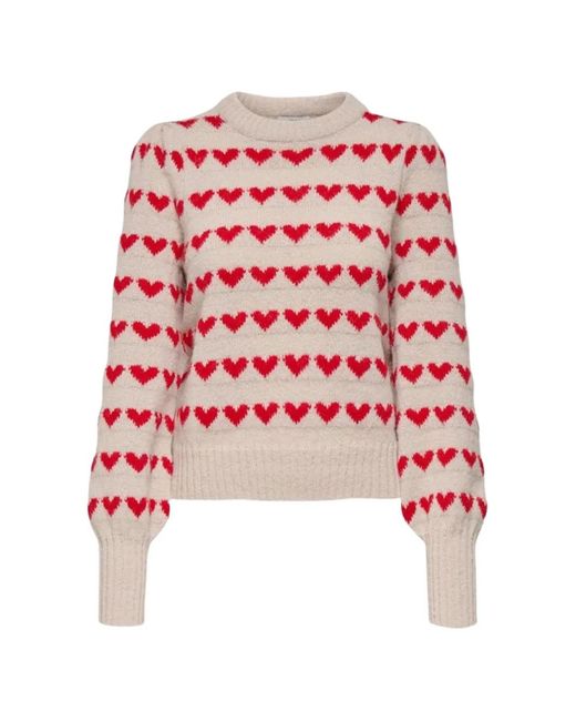 Jacqueline De Yong Red Heart-Intarsia Puff-Sleeved Sweater