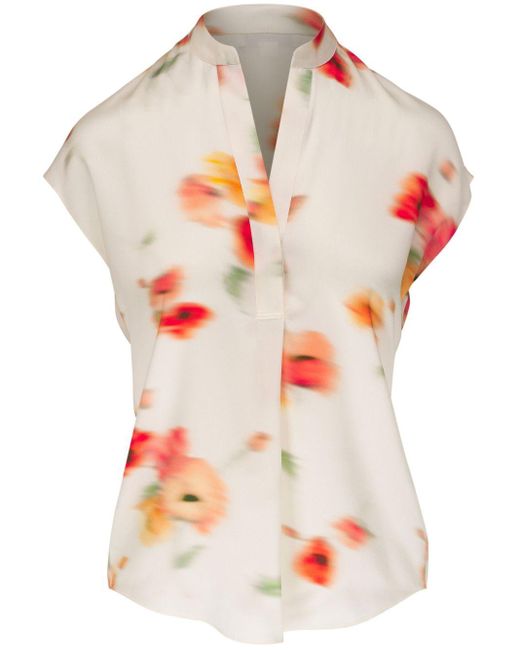 Vince White Floral-Print V-Neck Silk Blouse