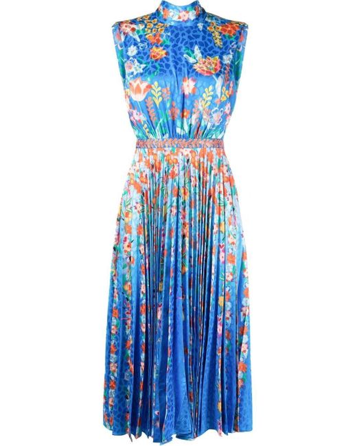 Saloni Blue Floral-print Midi Dress