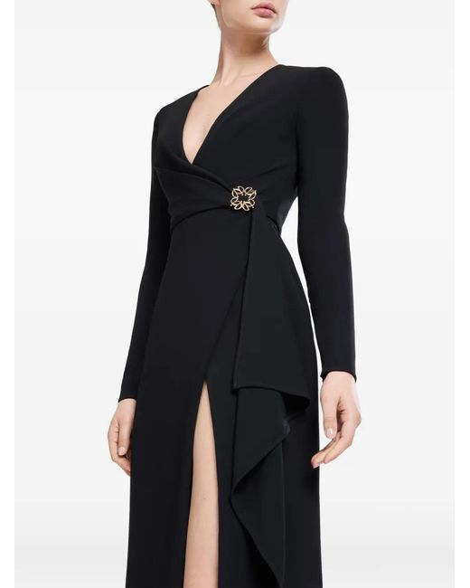 Elie Saab Black V-Neck Ruffled-Trim Maxi Dress