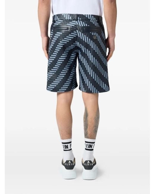 Philipp Plein Blue Weaved Stripes Leather Shorts for men