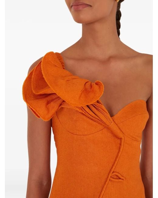 Farm Rio Orange Ruffle One-Shoulder Mini Dress