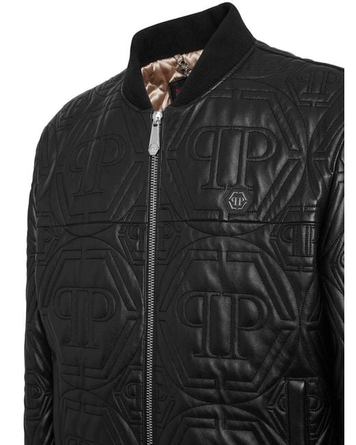 Philipp Plein Black Embossed Leather Bomber Monogram for men
