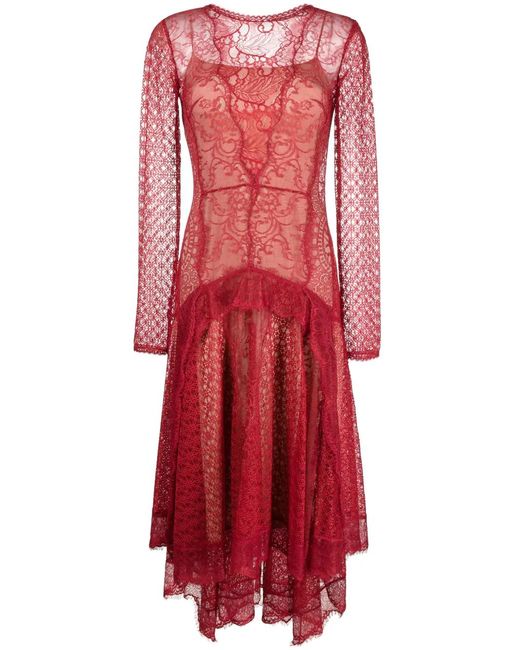 Alberta Ferretti Red Lace-Patchwork Asymmetric Midi Dress