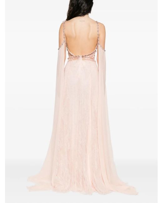 Nissa Pink Crystal-Embellished Open-Back Lace Gown