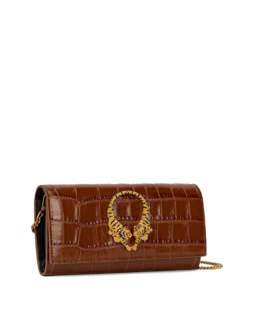 Roberto Cavalli Brown Crocodile-Effect Tiger Tooth Wallet On Chain