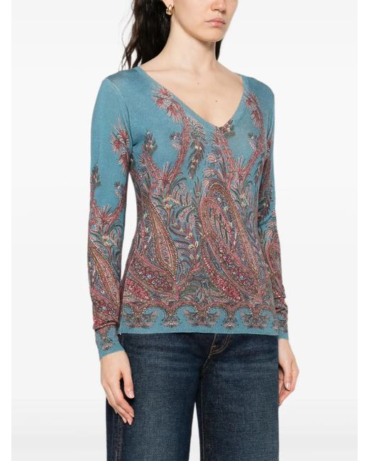 Etro Blue Paisley-Print V-Neck Top